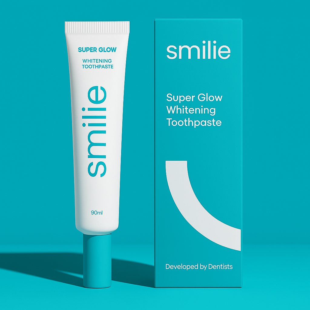 Smilie Super Glow Whitening Toothpaste 90ml - dentist-developed whitening toothpaste tube and box
